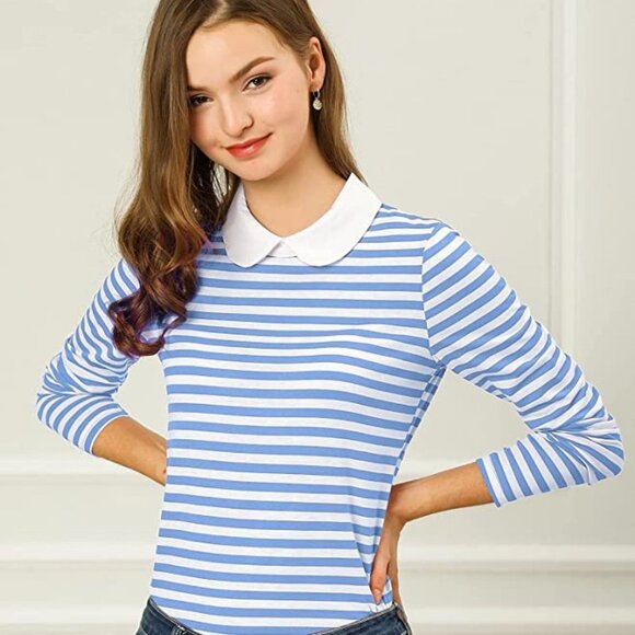 Allegra K Women's Long Sleeves Peter Pan Contrast Striped Blouse Top - Picture 2 of 5